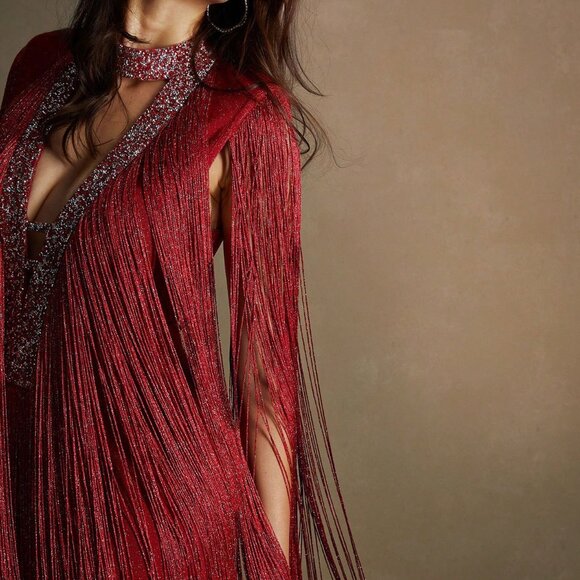 Red Party Women's Bandage Fringe V-Neck Rhinestone Tight-Fitting Dress - Picture 3 of 7